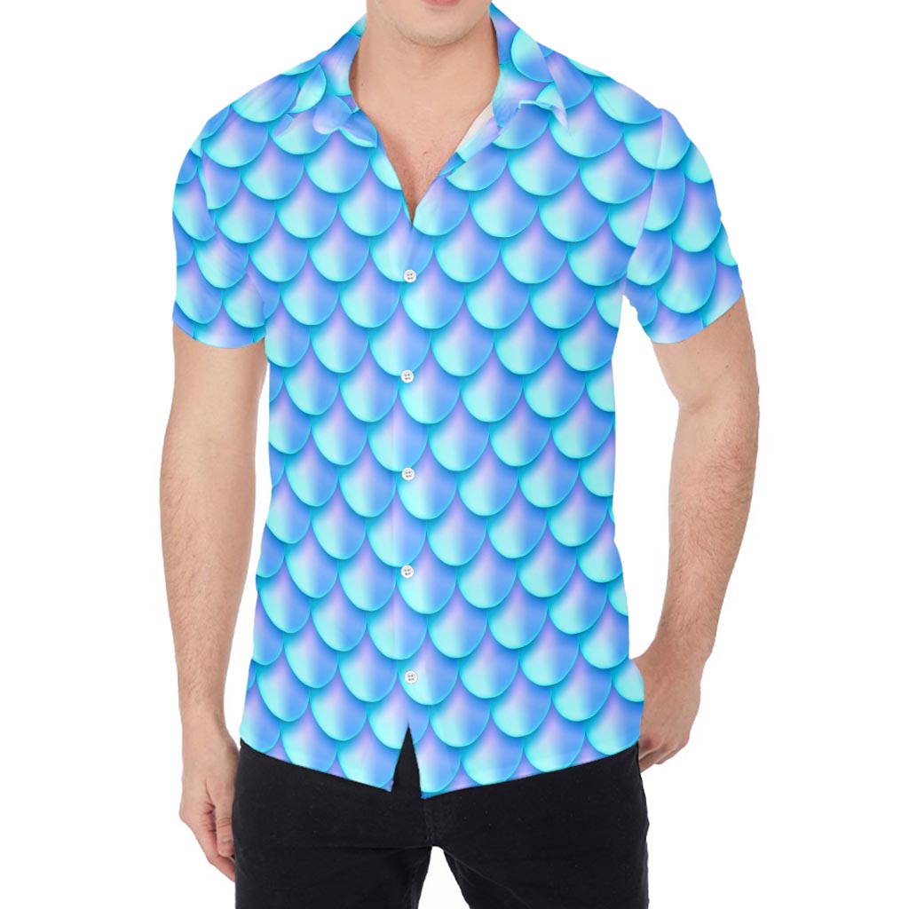 Blue Neon Mermaid Scales Pattern Print Men's Shirt