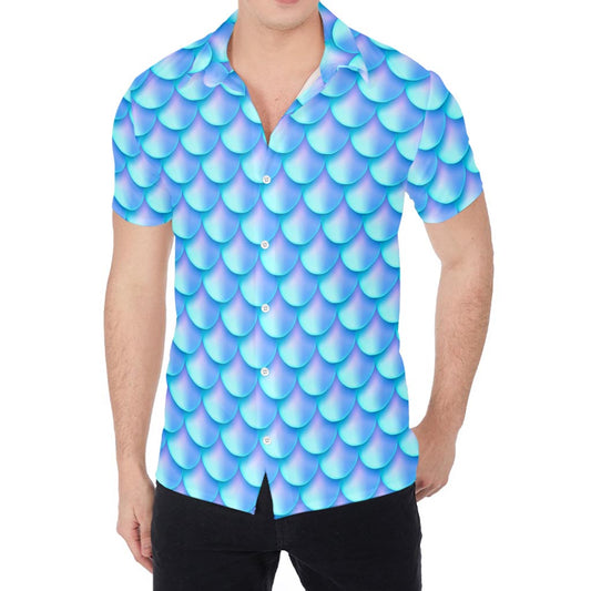 Blue Neon Mermaid Scales Pattern Print Men's Shirt