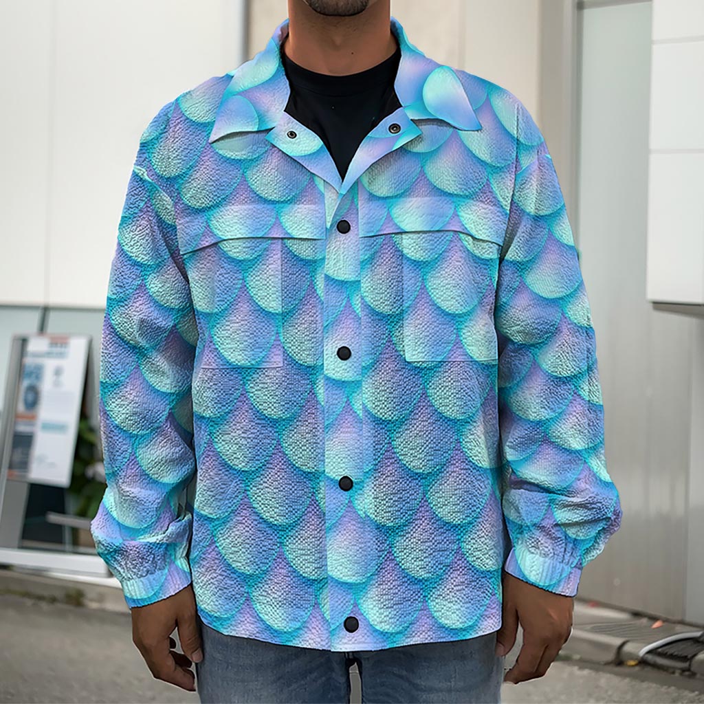 Blue Neon Mermaid Scales Pattern Print Men's Shirt Jacket