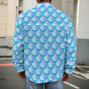 Blue Neon Mermaid Scales Pattern Print Men's Shirt Jacket