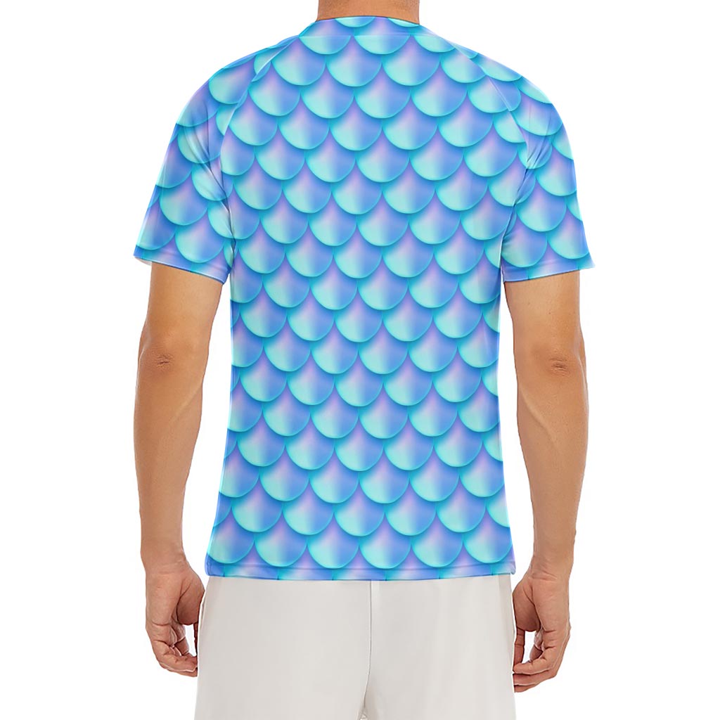 Blue Neon Mermaid Scales Pattern Print Men's Short Sleeve Rash Guard