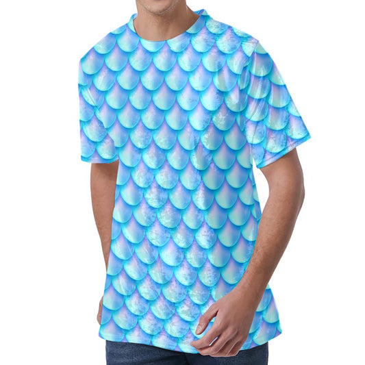 Blue Neon Mermaid Scales Pattern Print Men's Velvet T-Shirt