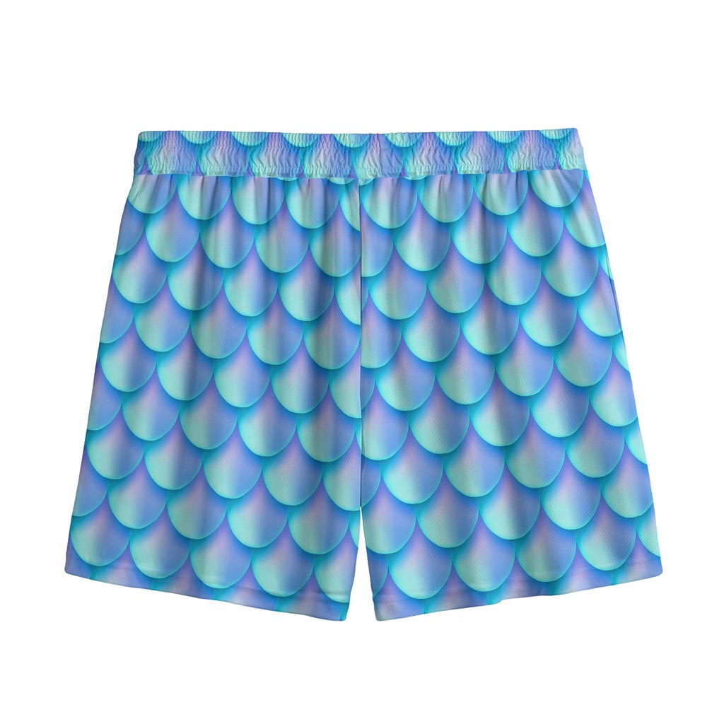 Blue Neon Mermaid Scales Pattern Print Mesh Shorts