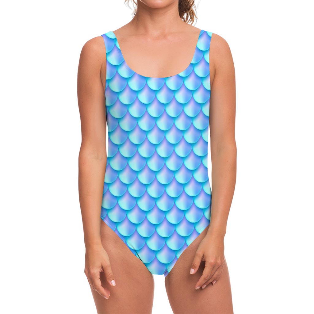 Blue Neon Mermaid Scales Pattern Print One Piece Swimsuit