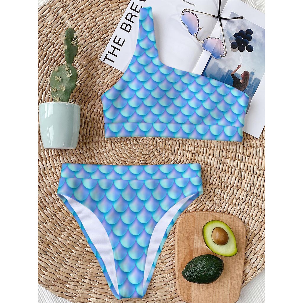 Blue Neon Mermaid Scales Pattern Print One Shoulder Bikini Top