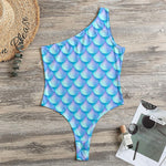 Blue Neon Mermaid Scales Pattern Print One Shoulder Bodysuit