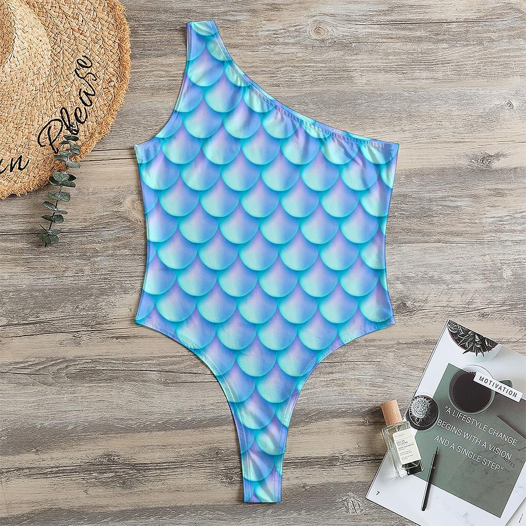 Blue Neon Mermaid Scales Pattern Print One Shoulder Bodysuit