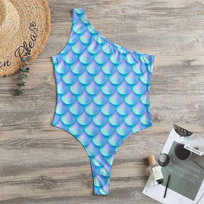 Blue Neon Mermaid Scales Pattern Print One Shoulder Bodysuit