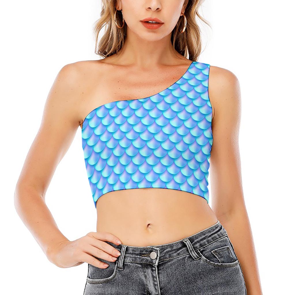 Blue Neon Mermaid Scales Pattern Print One Shoulder Crop Top