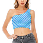 Blue Neon Mermaid Scales Pattern Print One Shoulder Crop Top