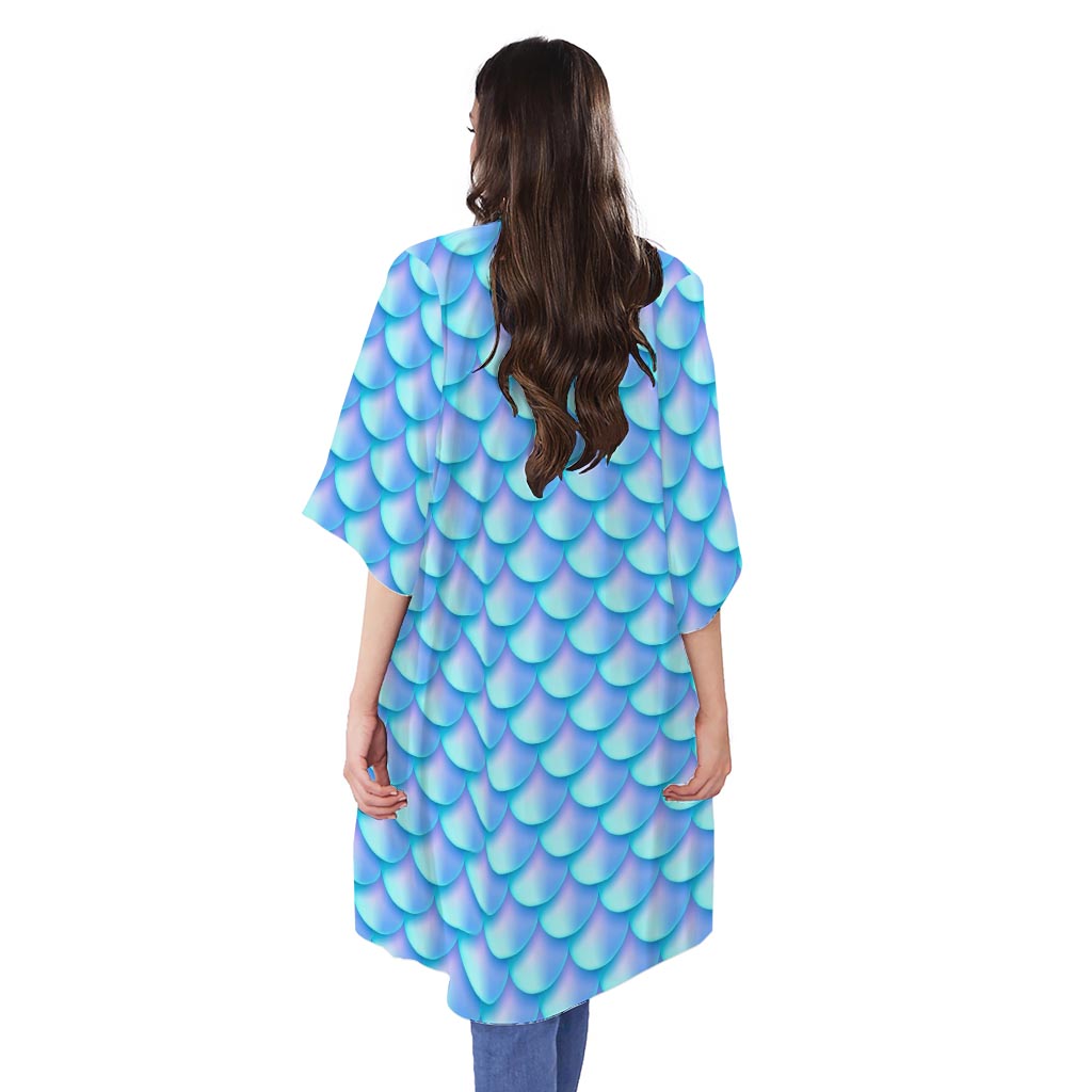 Blue Neon Mermaid Scales Pattern Print Open Front Beach Cover Up