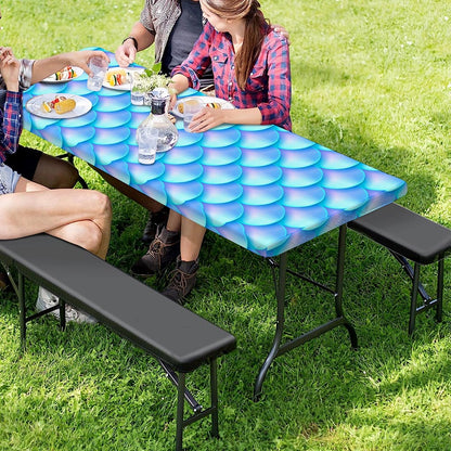 Blue Neon Mermaid Scales Pattern Print Picnic Table Cover