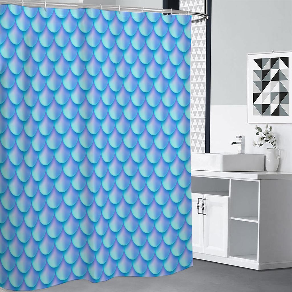 Blue Neon Mermaid Scales Pattern Print Premium Shower Curtain