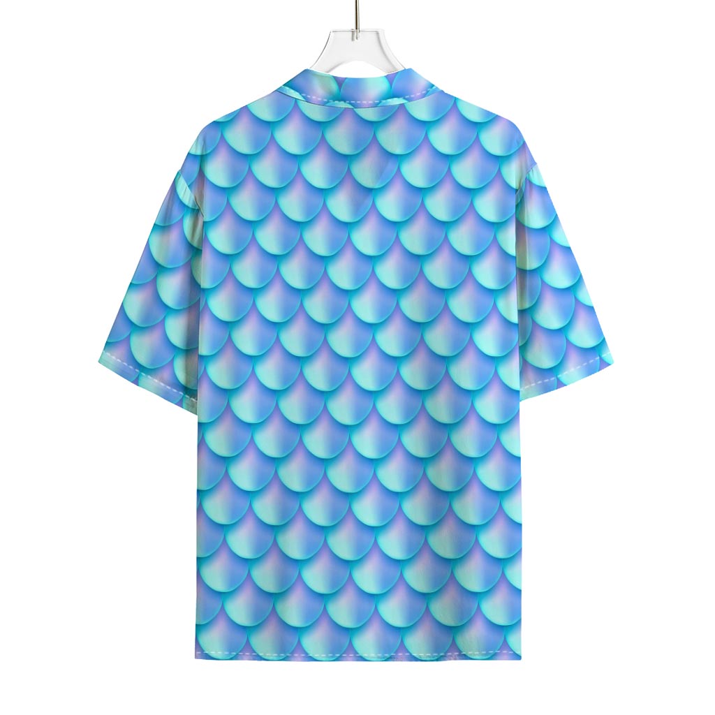 Blue Neon Mermaid Scales Pattern Print Rayon Hawaiian Shirt