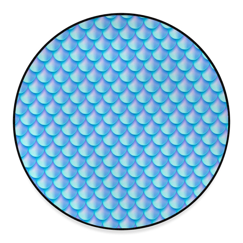 Blue Neon Mermaid Scales Pattern Print Round Floor Mat