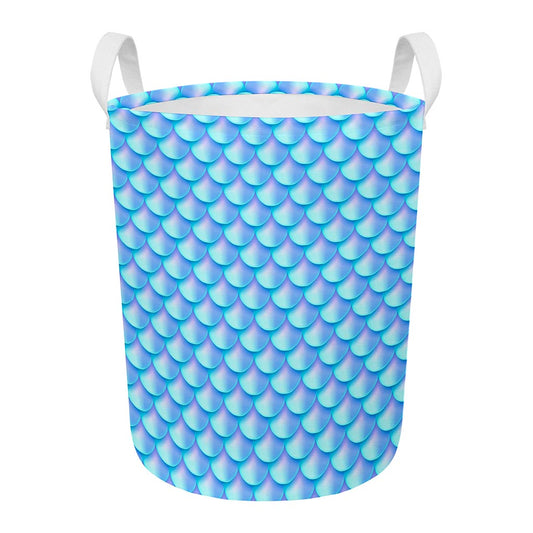 Blue Neon Mermaid Scales Pattern Print Round Laundry Basket