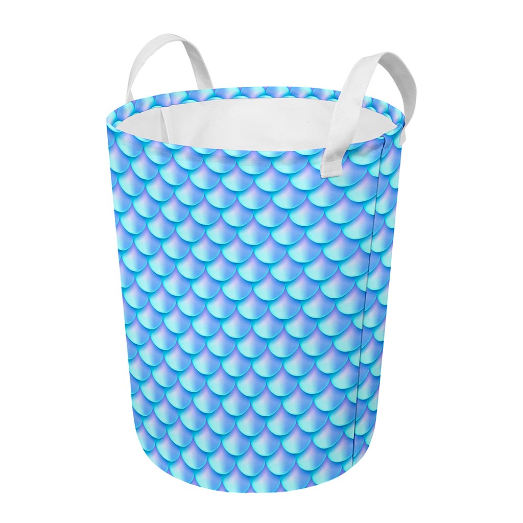 Blue Neon Mermaid Scales Pattern Print Round Laundry Basket
