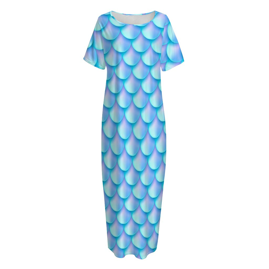 Blue Neon Mermaid Scales Pattern Print Short Sleeve Long Nightdress