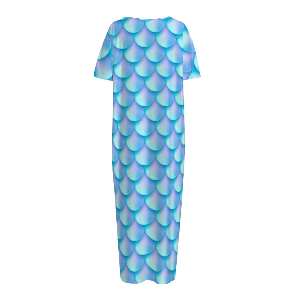 Blue Neon Mermaid Scales Pattern Print Short Sleeve Long Nightdress