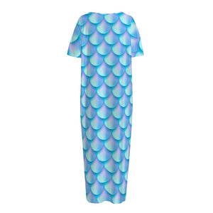 Blue Neon Mermaid Scales Pattern Print Short Sleeve Long Nightdress