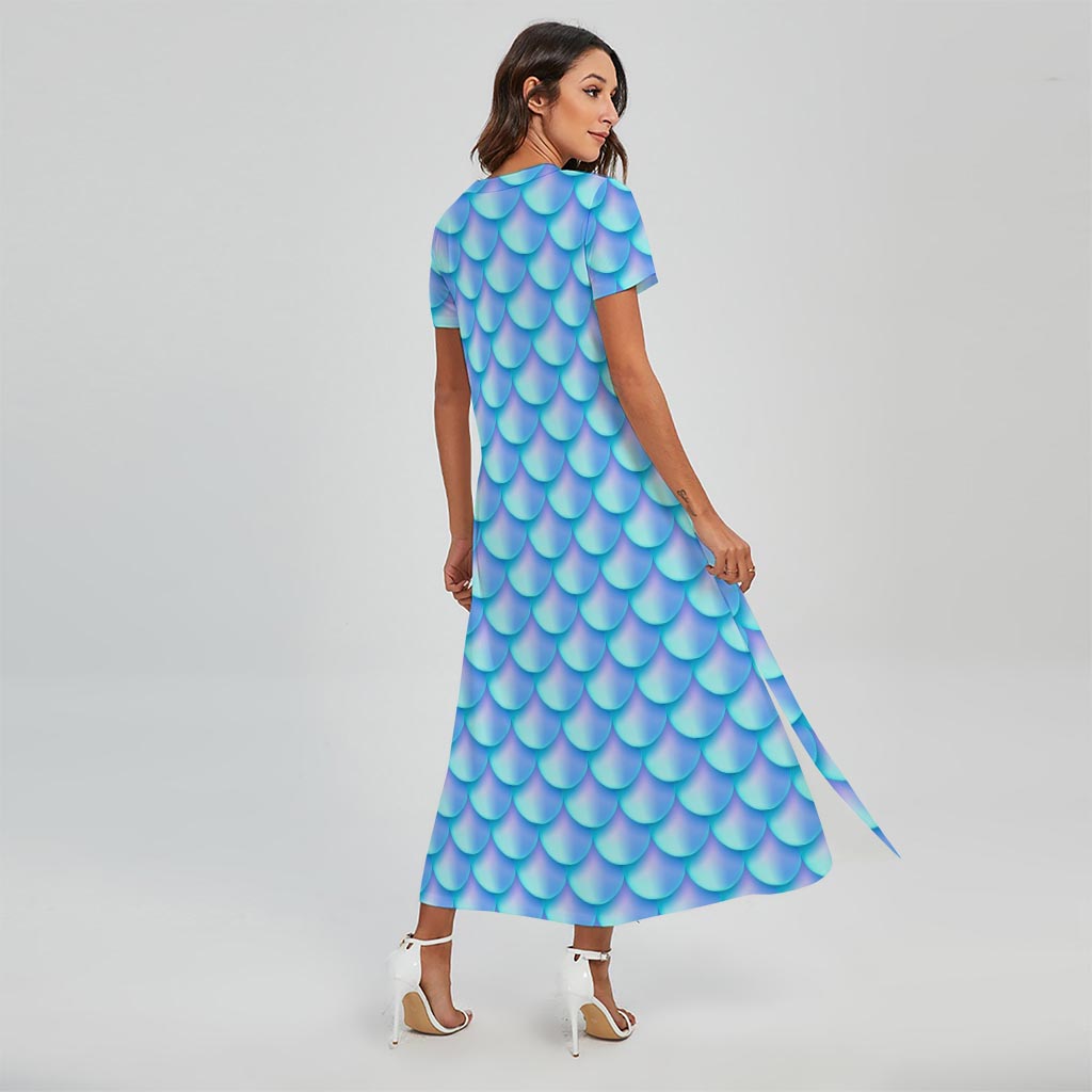 Blue Neon Mermaid Scales Pattern Print Short Sleeve Maxi Dress