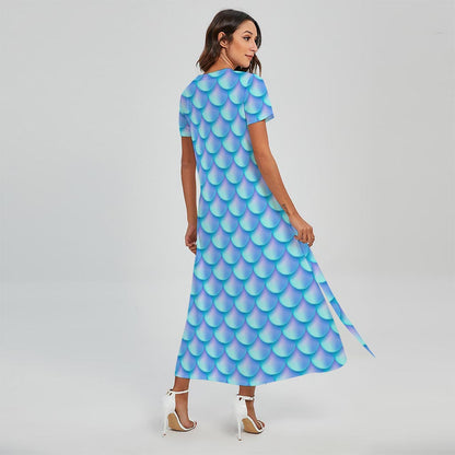 Blue Neon Mermaid Scales Pattern Print Short Sleeve Maxi Dress
