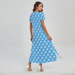 Blue Neon Mermaid Scales Pattern Print Short Sleeve Maxi Dress