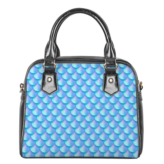 Blue Neon Mermaid Scales Pattern Print Shoulder Handbag