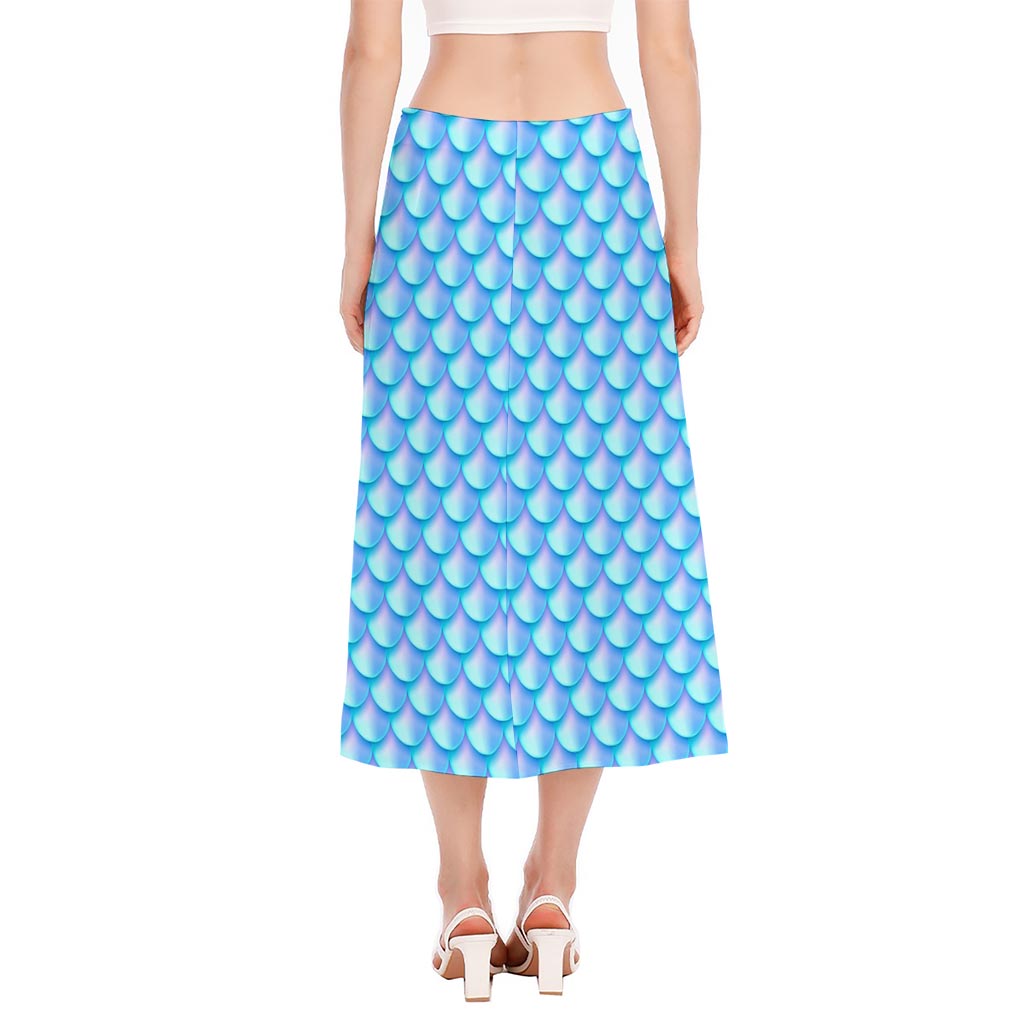 Blue Neon Mermaid Scales Pattern Print Side Slit Midi Skirt