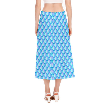 Blue Neon Mermaid Scales Pattern Print Side Slit Midi Skirt