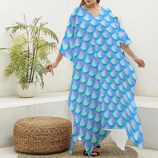 Blue Neon Mermaid Scales Pattern Print Silk V-Neck Kaftan Dress