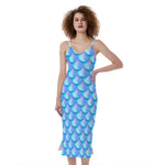 Blue Neon Mermaid Scales Pattern Print Slim Fit Midi Cami Dress