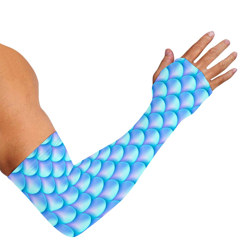 Blue Neon Mermaid Scales Pattern Print Sun Protection Arm Sleeves