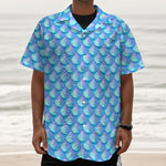 Blue Neon Mermaid Scales Pattern Print Textured Short Sleeve Shirt