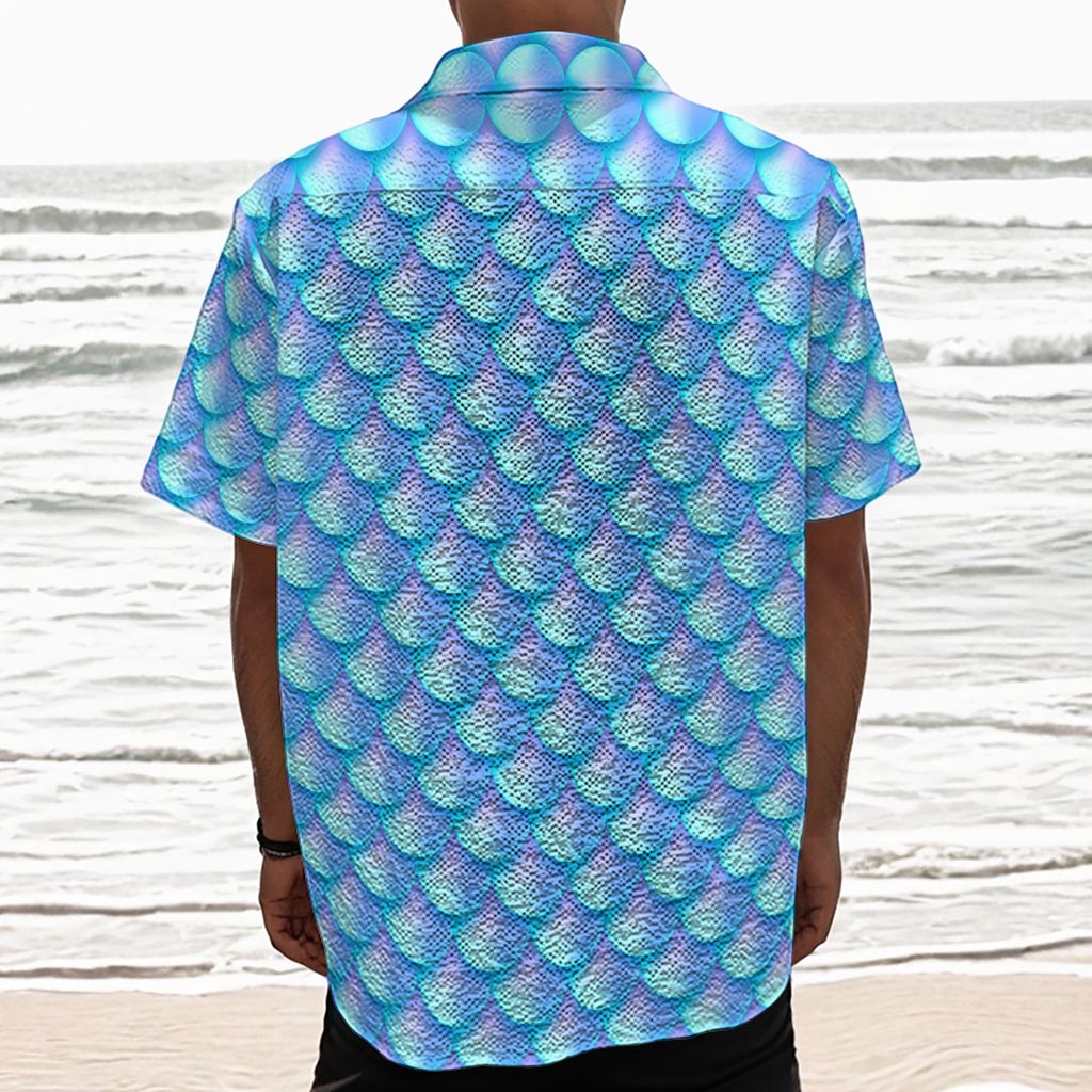 Blue Neon Mermaid Scales Pattern Print Textured Short Sleeve Shirt