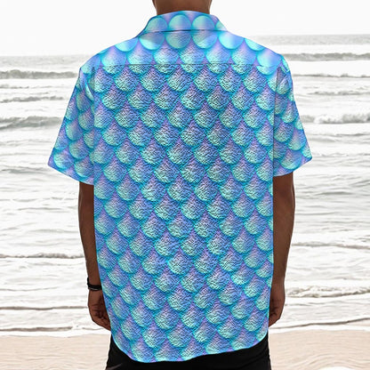 Blue Neon Mermaid Scales Pattern Print Textured Short Sleeve Shirt