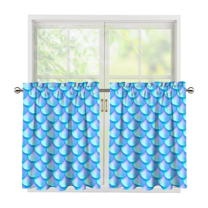 Blue Neon Mermaid Scales Pattern Print Tier Curtains