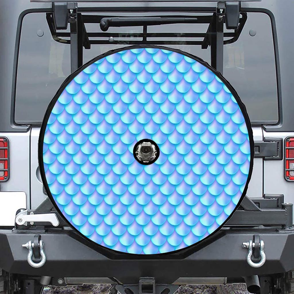 Blue Neon Mermaid Scales Pattern Print Tire Cover With Camera Hole