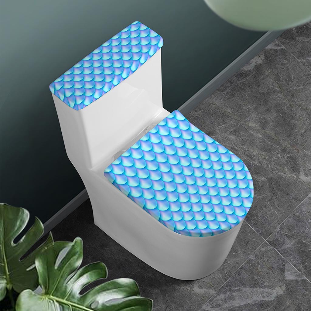 Blue Neon Mermaid Scales Pattern Print Toilet Lid And Tank Cover Set