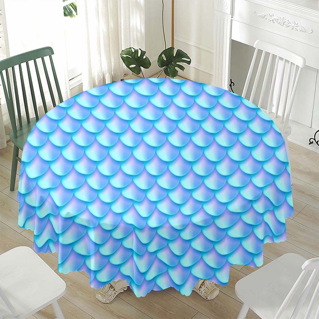 Blue Neon Mermaid Scales Pattern Print Waterproof Round Tablecloth