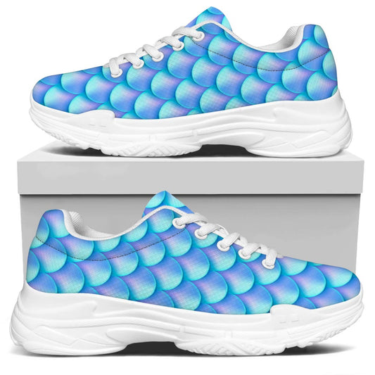 Blue Neon Mermaid Scales Pattern Print White Chunky Shoes
