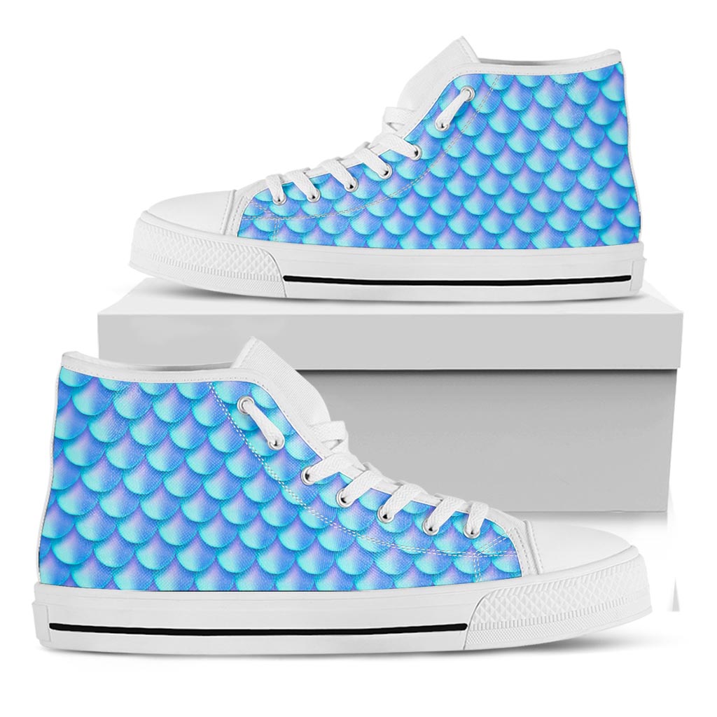 Blue Neon Mermaid Scales Pattern Print White High Top Sneakers