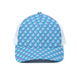 Blue Neon Mermaid Scales Pattern Print White Mesh Trucker Cap