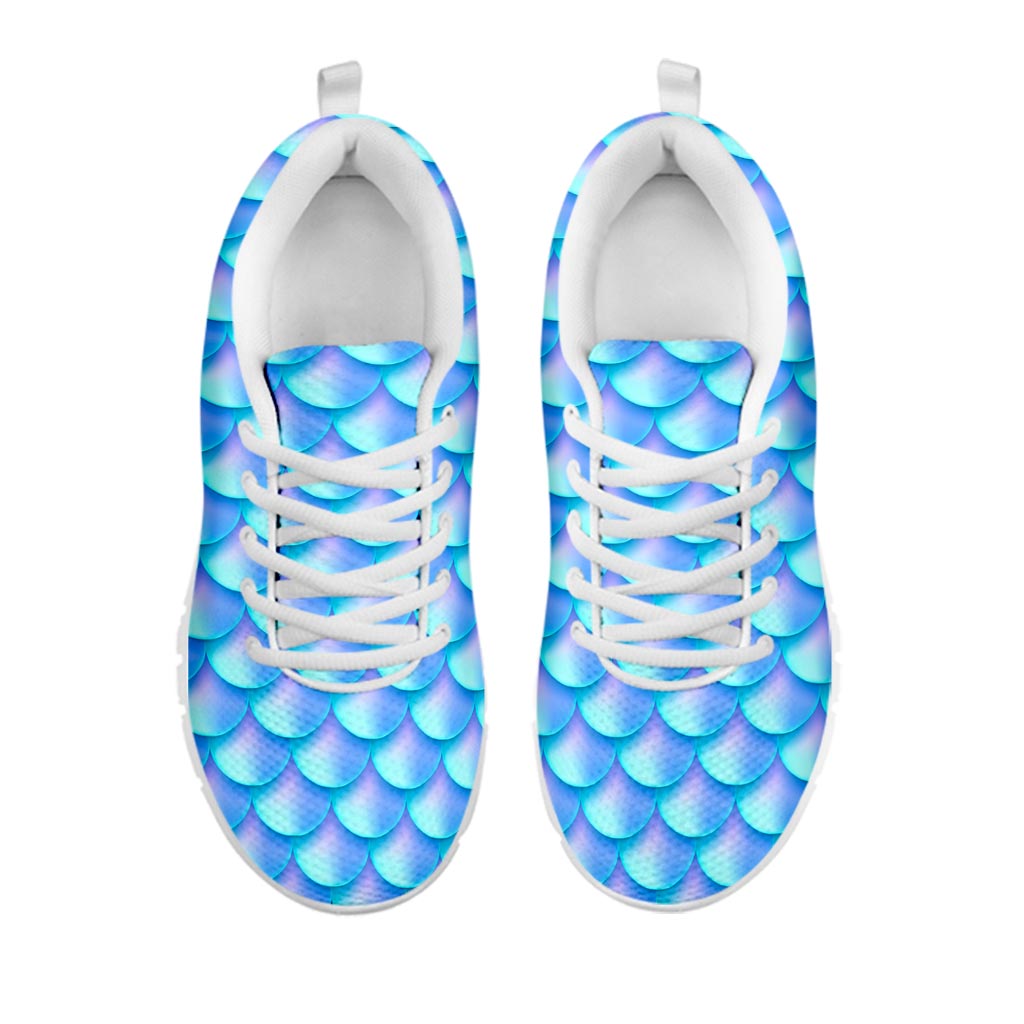 Blue Neon Mermaid Scales Pattern Print White Running Shoes