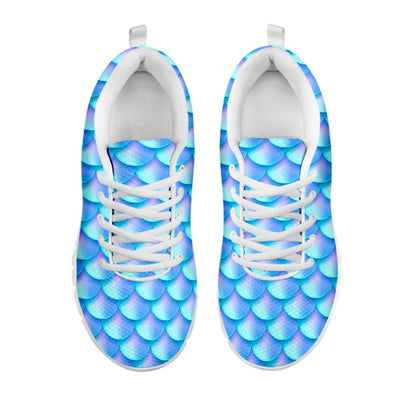Blue Neon Mermaid Scales Pattern Print White Running Shoes