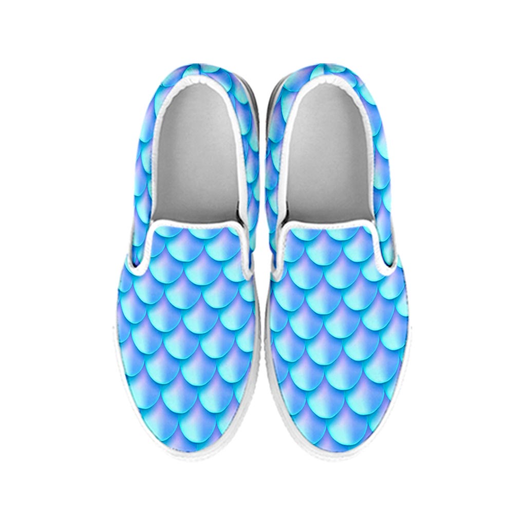 Blue Neon Mermaid Scales Pattern Print White Slip On Sneakers