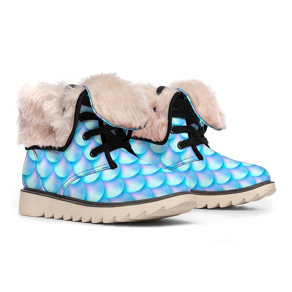 Blue Neon Mermaid Scales Pattern Print Winter Boots