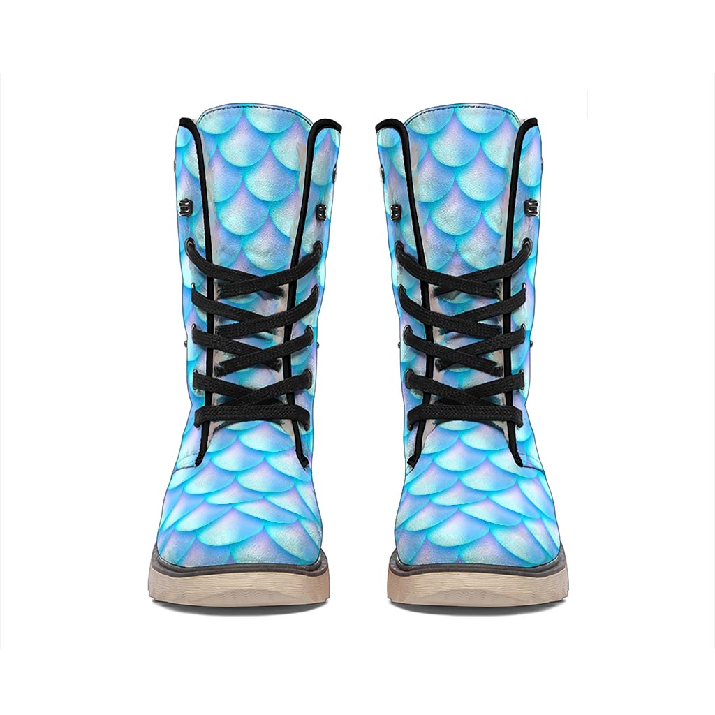 Blue Neon Mermaid Scales Pattern Print Winter Boots