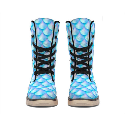 Blue Neon Mermaid Scales Pattern Print Winter Boots