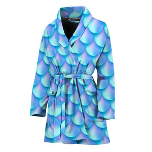 Blue Neon Mermaid Scales Pattern Print Women's Bathrobe